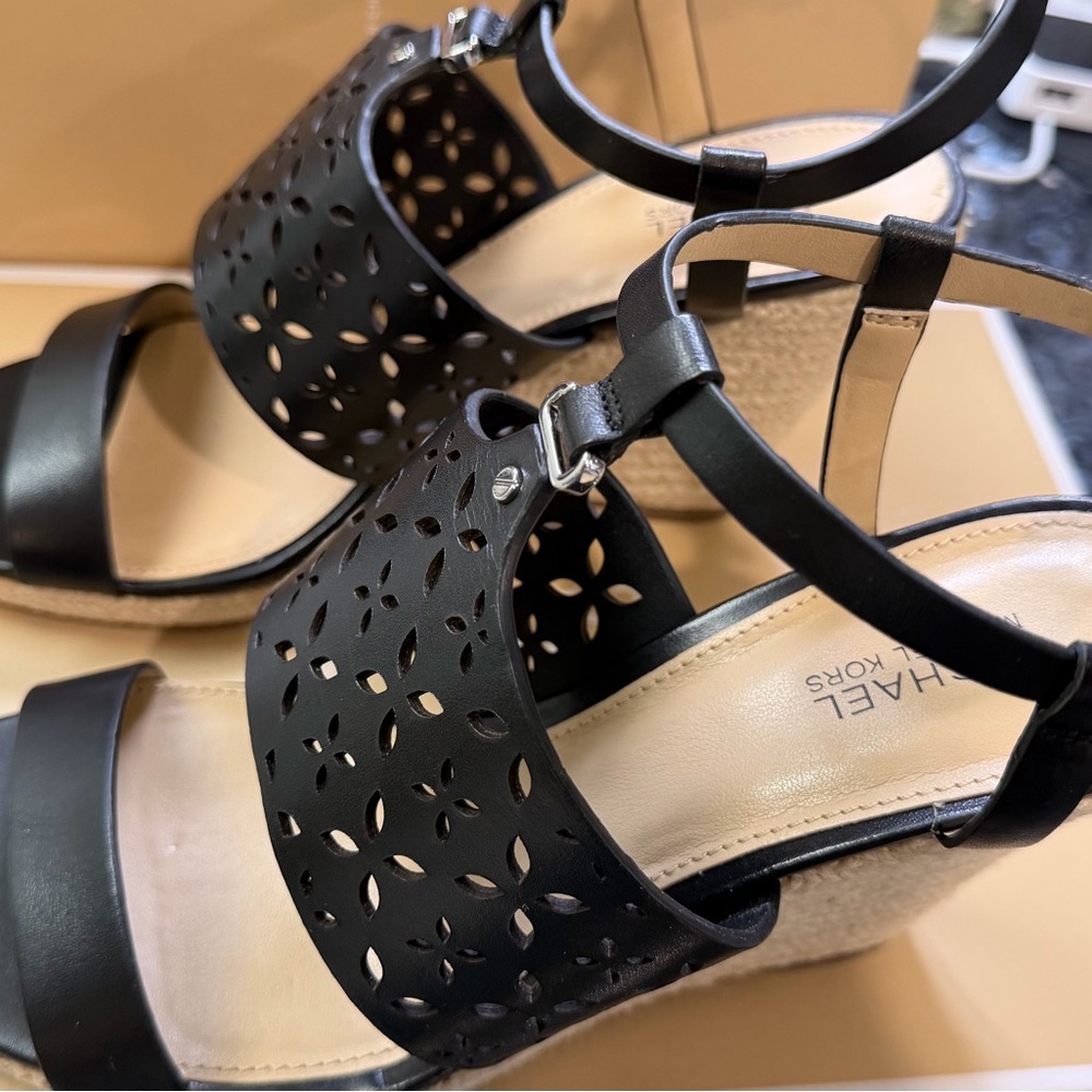 New Michael Kors Black and Tan Wedge Sandals in box